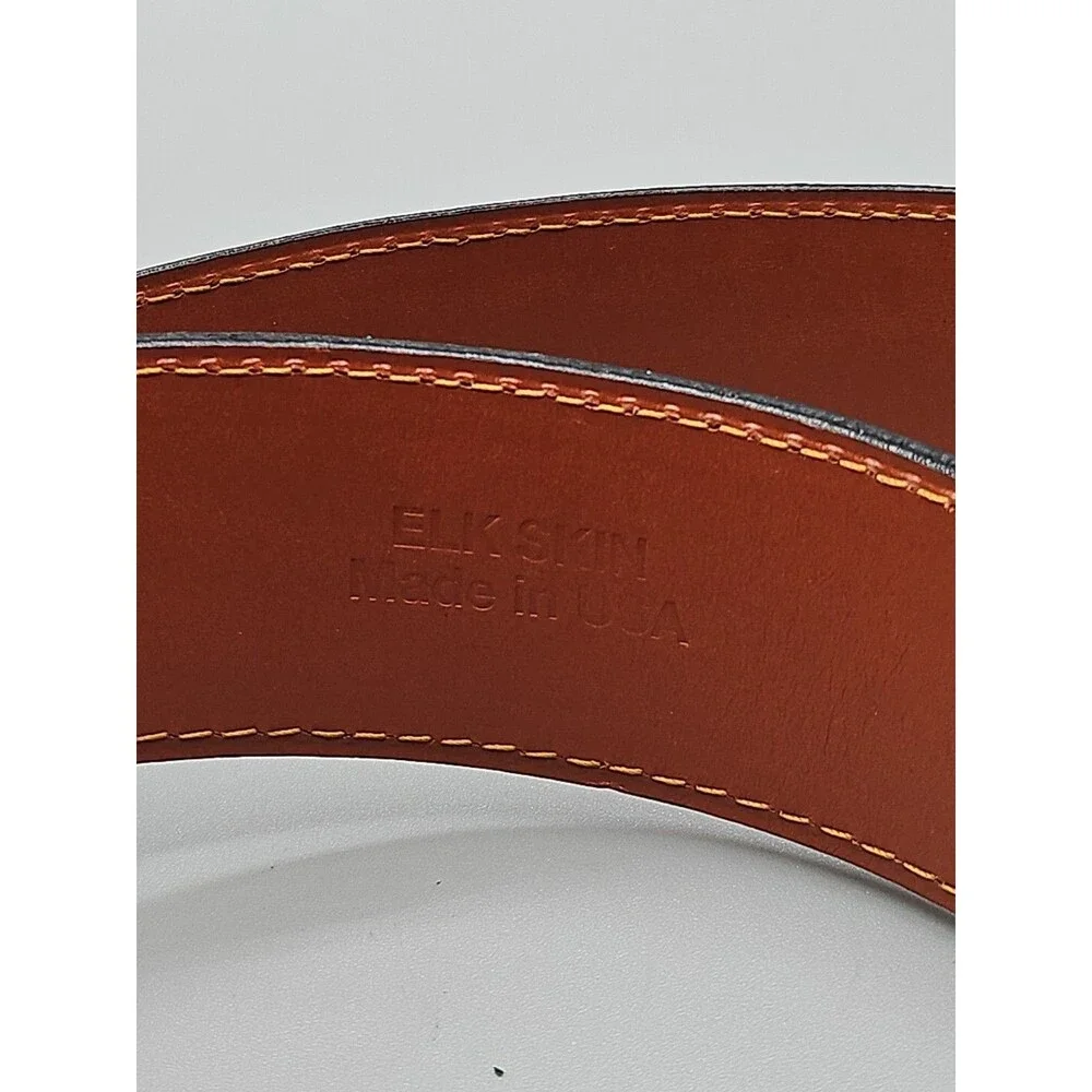 Elk Skin Black Leather Belt Size 42 USA Handmade Silver Brass Buckle 1.5